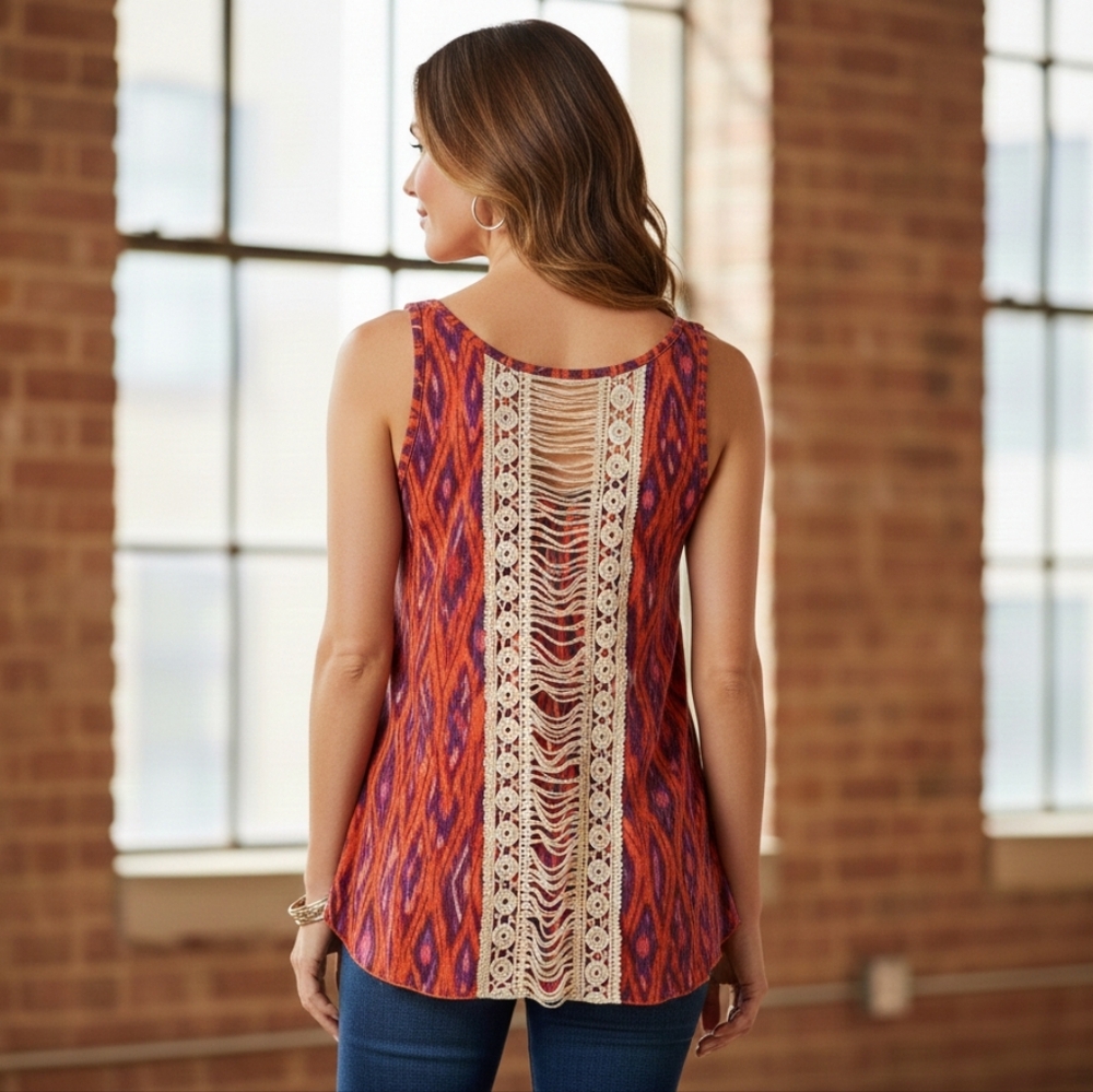 Aztec Print Lace Back Hi-Low Tank NWOT - Picture 2 of 7